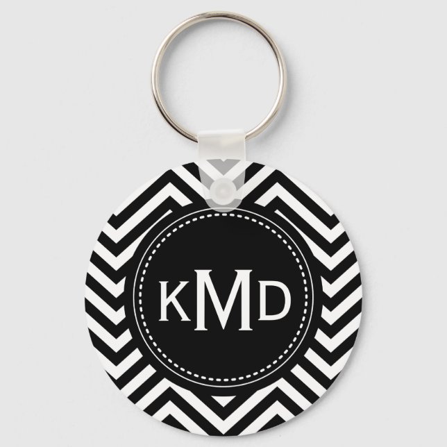 Classic Black White Chevron Trio Monogram Keychain (Front)