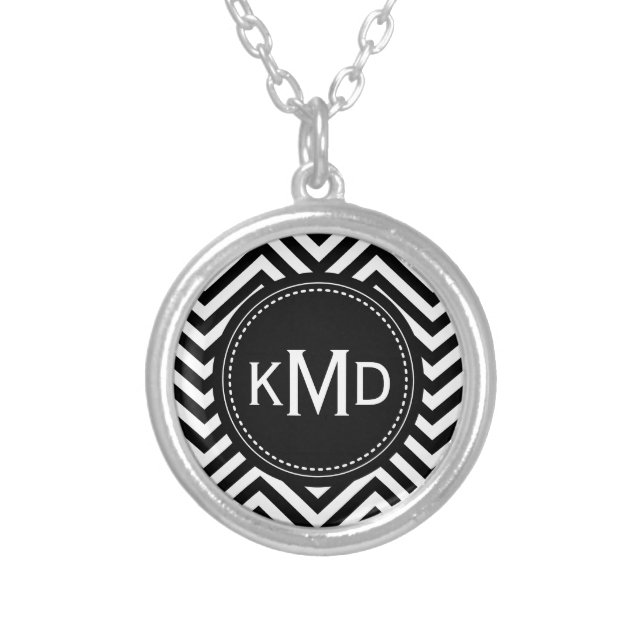 Classic Black White Chevron Trio Monogram Silver Plated Necklace (Front)