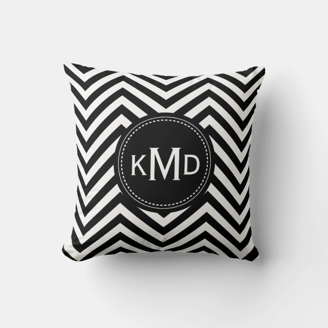 Classic Black White Chevron Trio Monogram Throw Pillow (Front)