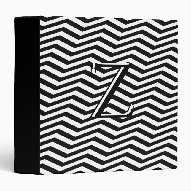 Classic Black White Chevron Zig Zag Monogram 3 Ring Binder (Front/Spine)