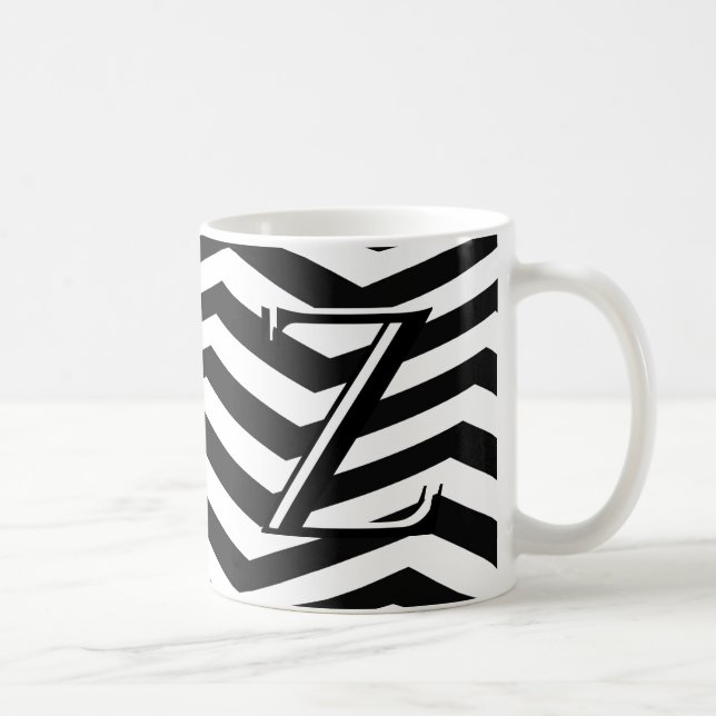 Classic Black White Chevron Zig Zag Monogram Coffee Mug (Right)