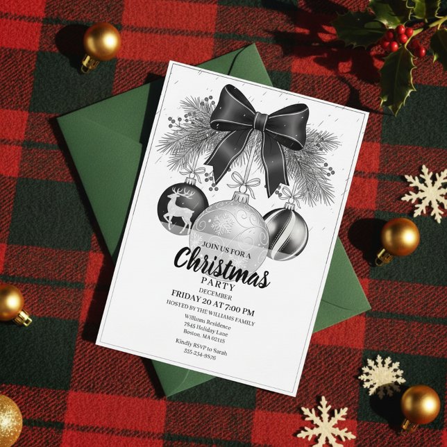 Classic Black White Christmas Party Invite (Vintage Christmas Party, Timeless Holiday Celebration, Elegant Bow Invitation)
