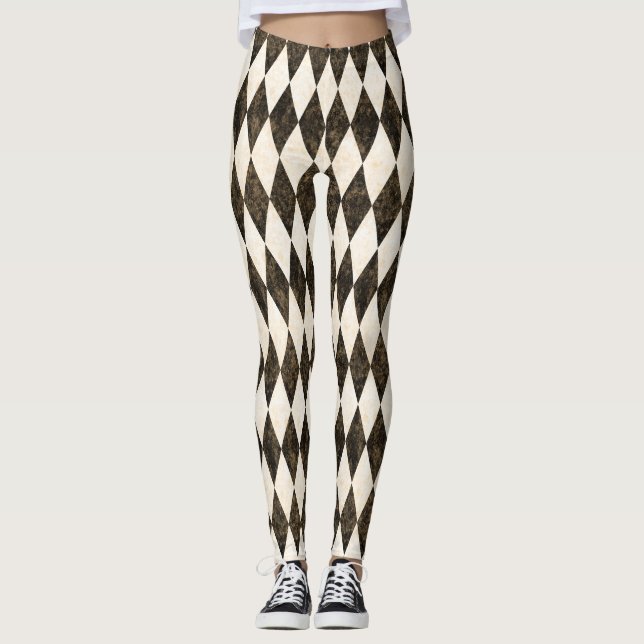 Classic Black White-Cream Harlequin Diamond Argyle Leggings (Front)