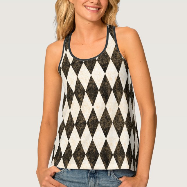 Classic Black White-Cream Harlequin Diamond Argyle Tank Top (Front)