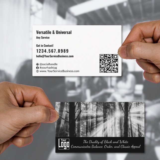 Classic Black & White Custom Image Landscape Business Card (Classic Black & White Custom Image Landscape Business Card, QR-code, CTA, SM, Tagline, Logo)