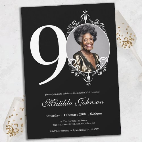 Classic Black White Custom Photo 90th Birthday  Invitation