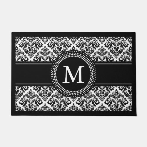 Classic Black White Damask Floral Pattern Monogram Doormat