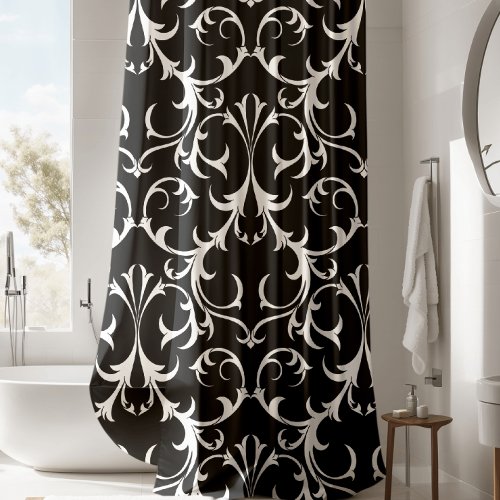 Classic Black  White Damask Floral Shower Curtain