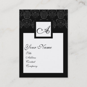 CLASSIC BLACK WHITE DAMASK FLORAL SQUARE MONOGRAM BUSINESS CARD