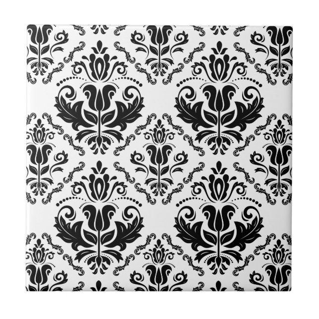 Classic Black White Damask Pattern - Stylish Chic Ceramic Tile (Front)