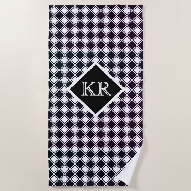 Classic Black White Diamond Pattern Monogram Beach Towel (Front)