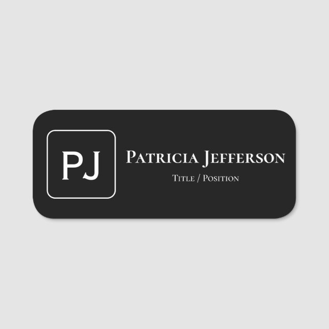 Classic Black White Elegant Monogram Professional Name Tag (Front)