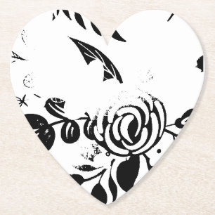 Classic Black & White Faded Floral Heart Coaster