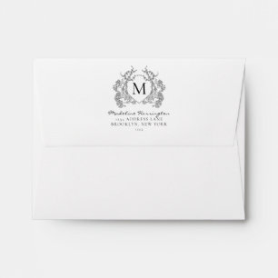 Classic Black White Floral Crest Monogram Address Envelope