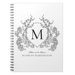 Classic Black White Floral Crest Monogram Notebook