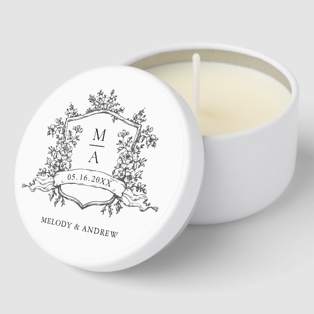 Classic Black & White Floral Crest Wedding Mini Candle Favors (Corner)