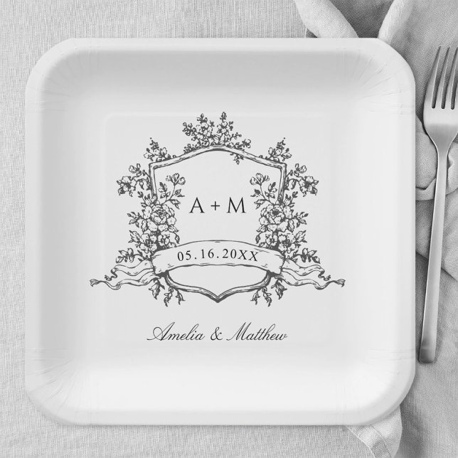 Classic Black & White Floral Crest Wedding Paper Plates (Creator Uploaded)