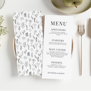 Classic black white floral wedding menu cards