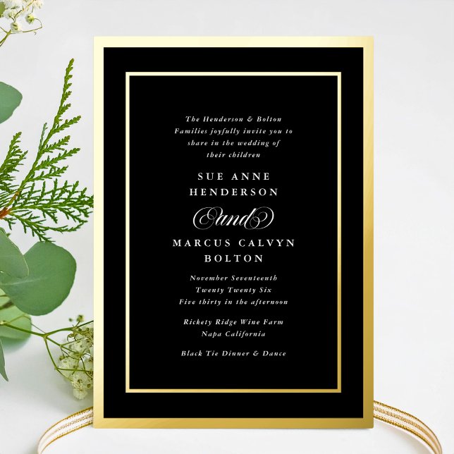 Classic Black White Formal Gold Frames Wedding Foil Invitation (Creator Uploaded)