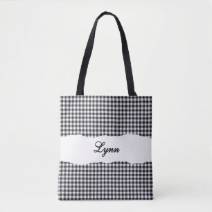 Classic Black & White Gingham   Personalized Name Tote Bag