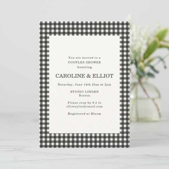Classic Black White Gingham Plaid Couples Shower Invitation (Standing Front)