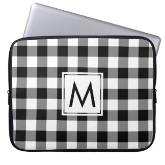 Classic Black White Gingham Plaid Pattern Monogram Laptop Sleeve