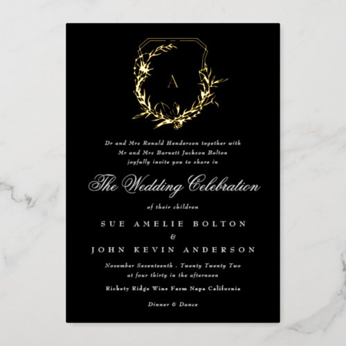 classic black white gold monogram crest wedding foil invitation