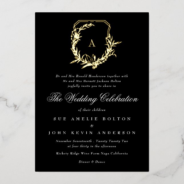 classic black white gold monogram crest wedding foil invitation (Front)