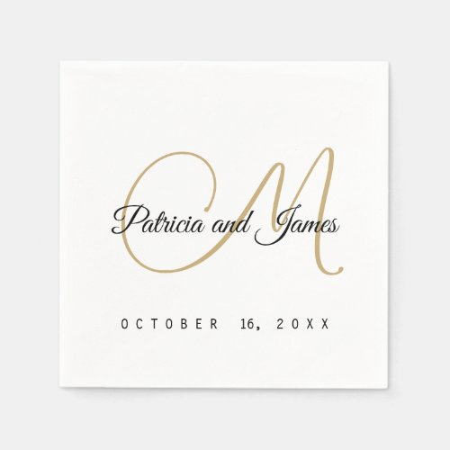 Classic Black White Gold Monogram Elegant Wedding Napkins