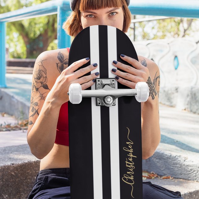 Classic Black White Gold Monogram Racing Stripes Skateboard (Classic Black White Gold Monogram Racing Stripes Skateboard)