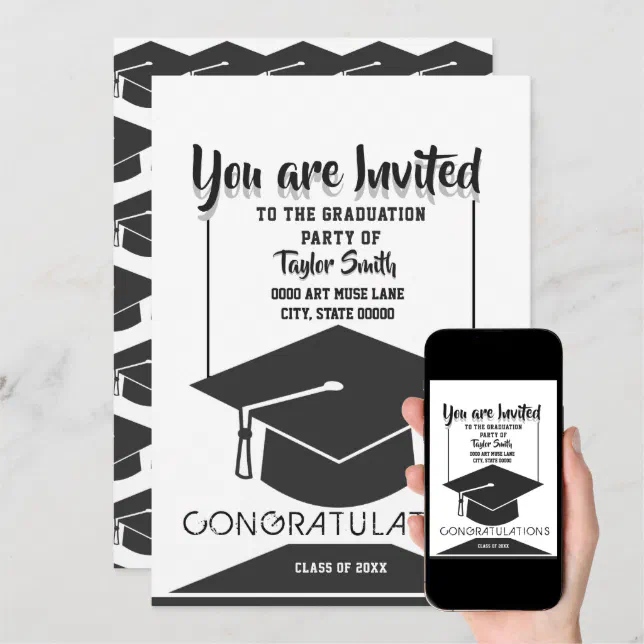 Classic Black & White Graduation Party Invitations 