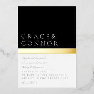 Classic Black White Gray Gold Foil Stripe Wedding Invitation