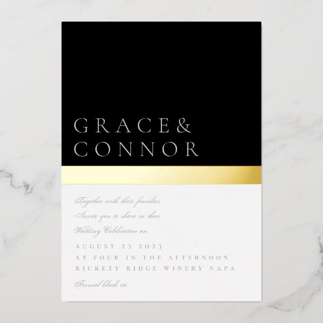 Classic Black White Gray Gold Foil Stripe Wedding Invitation (Front)