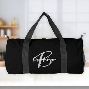 Classic Black White Gray Script Monogram Duffle Bag
