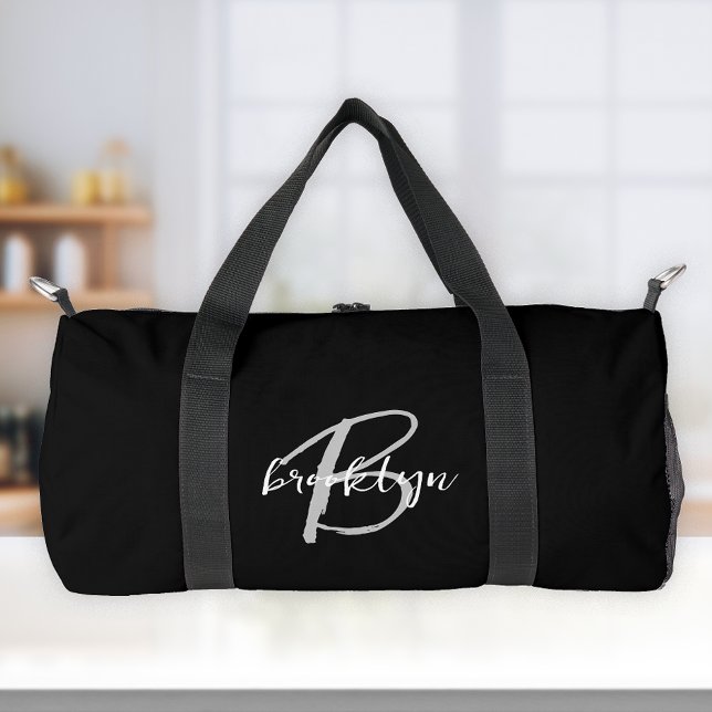 Classic Black White Gray Script Monogram  Duffle Bag (Creator Uploaded)