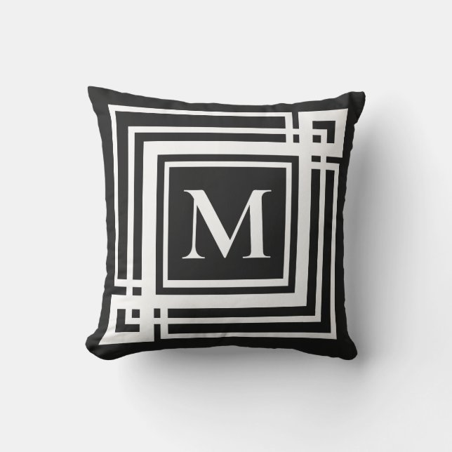 Classic black white greek framed monogram outdoor pillow (Front)
