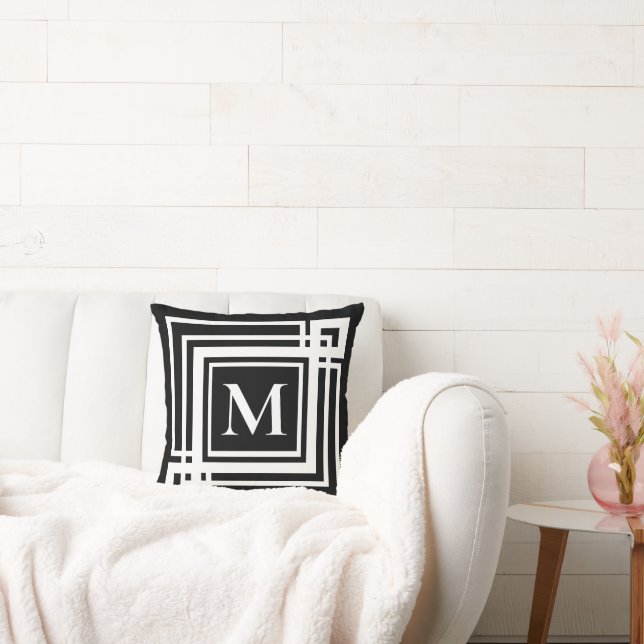 Classic black white greek framed monogram throw pillow (Couch)
