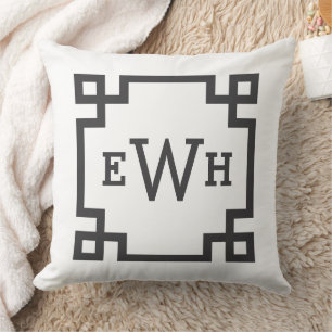Classic Black White Greek Key Monogram Initial Throw Pillow