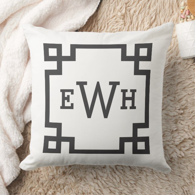 Classic Black White Greek Key Monogram Initial Throw Pillow (Blanket)