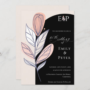Classic Black White Hand Drawn Floral Wedding Invitation