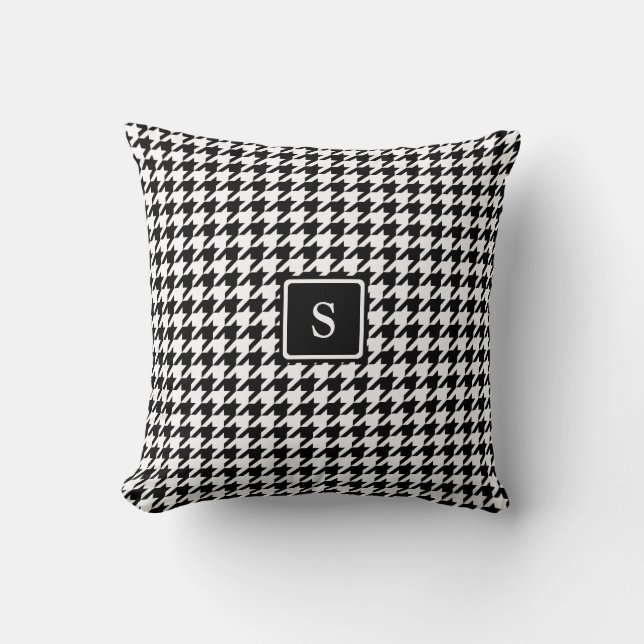 Classic Black White Houndstooth Custom Monogram Throw Pillow (Front)