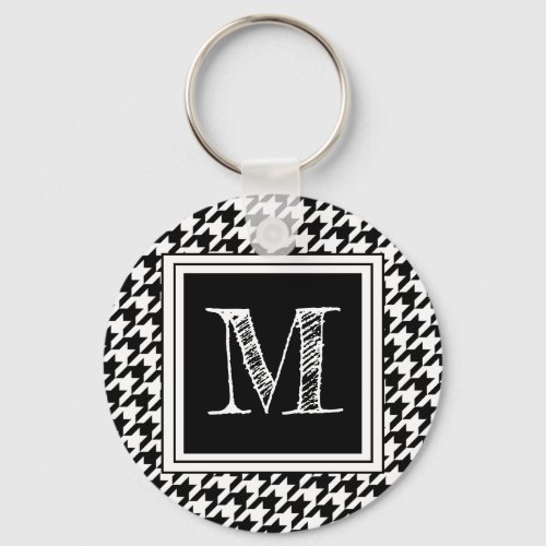 Classic Black White Houndstooth  Modern Monogram Keychain