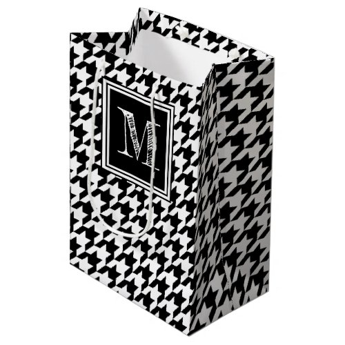 Classic Black White Houndstooth  Modern Monogram Medium Gift Bag