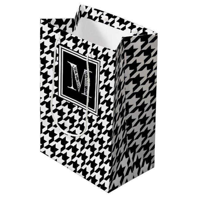 Classic Black White Houndstooth | Modern Monogram Medium Gift Bag (Front Angled)