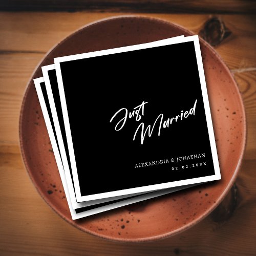 Classic Black  White Just Married Script Wedding Napkins
