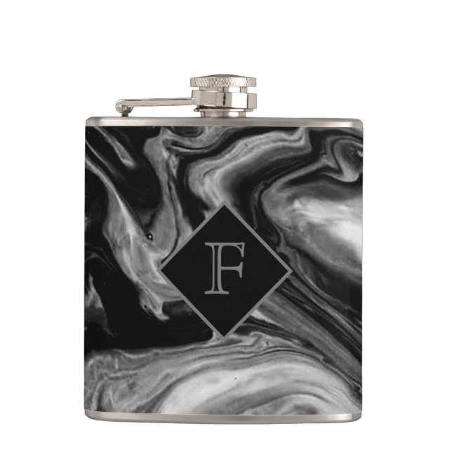 Classic Black & White Marble Monogrammed Flask (Front)