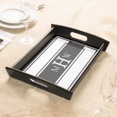 Classic Black  White Modern Lines Monogram Serving Tray