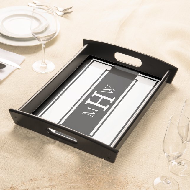 Classic Black & White Modern Lines Monogram Serving Tray (Front)