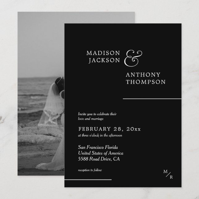 Classic Black White Modern Photo Wedding Invitation (Front/Back)