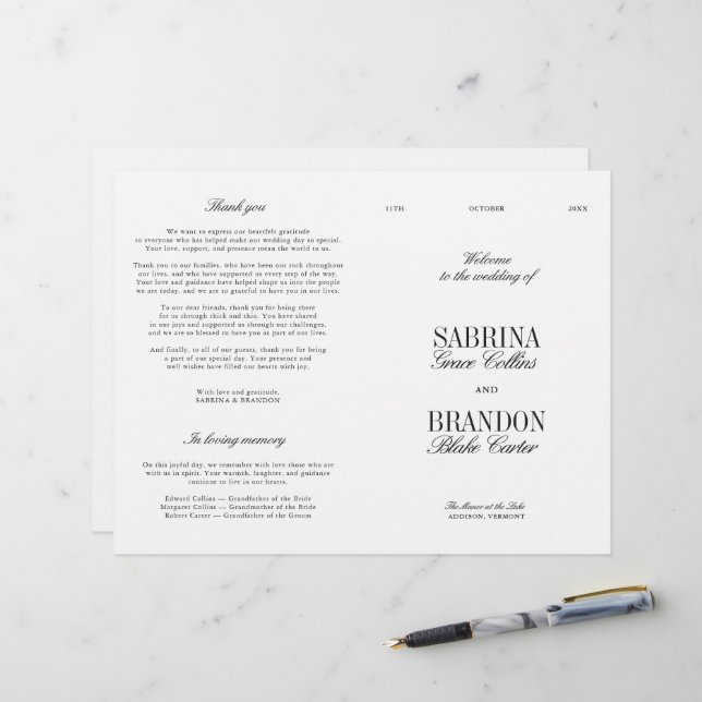 Classic Black & White Modern Wedding Program (Front/Back In Situ)